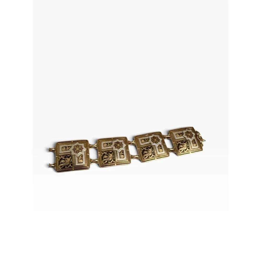 Vintage Damascene Gold Tone Safety Chain Square Link Bracelet